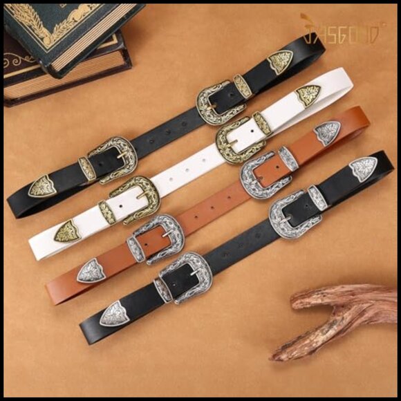 Double Buckle Western Belt Vintage Leather Adjustable Boho Cowgirl Style